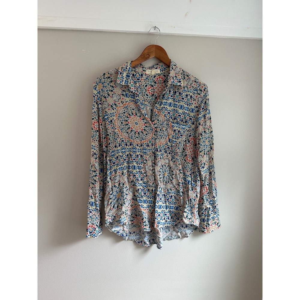 Side Stitch Button Down Women Small Multicolor EUC Boho Geometric Rayon Top
